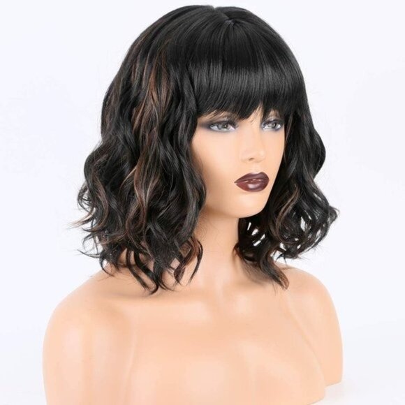 Black Highlight Bob Wig With Bangs - Picture 1 of 6